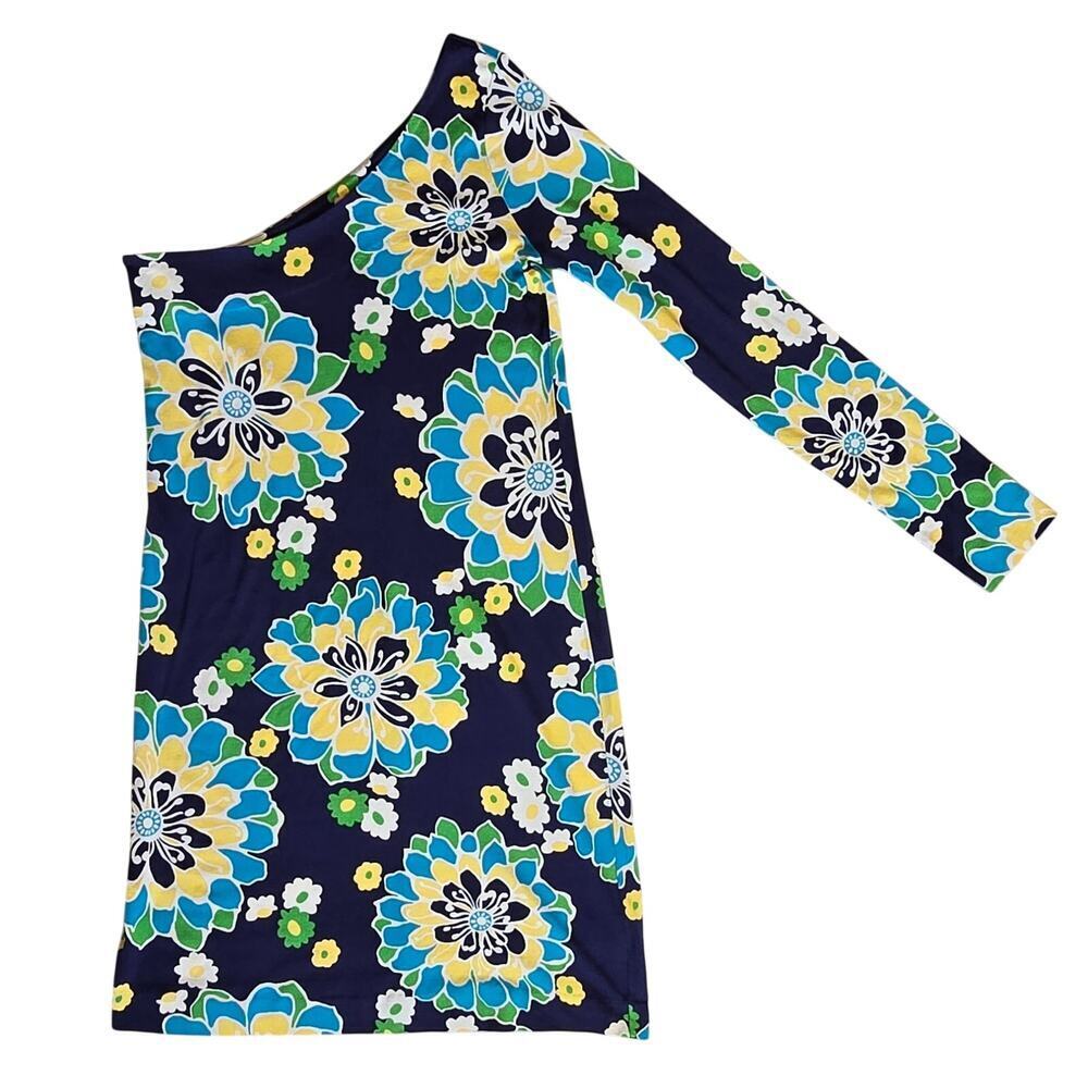 Lilly Pulitzer Whitaker One Shoulder Silk Blend Dress Bright Navy Floral Frenzy